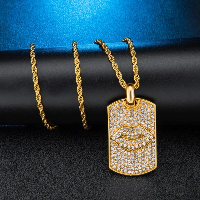 Paved Rhinestone Studded Lips Bling Rope Chain Stainless Steel Hip-hop Pendant Necklace