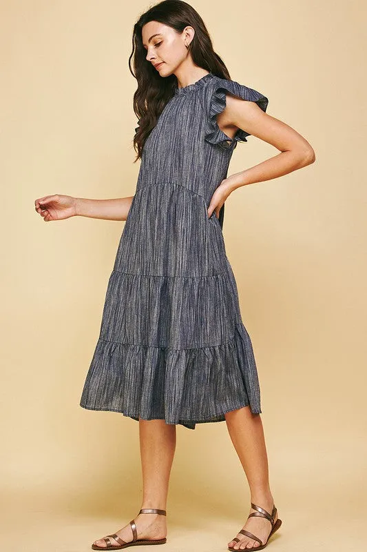 Penelope Tiered Denim Stripe Midi Dress