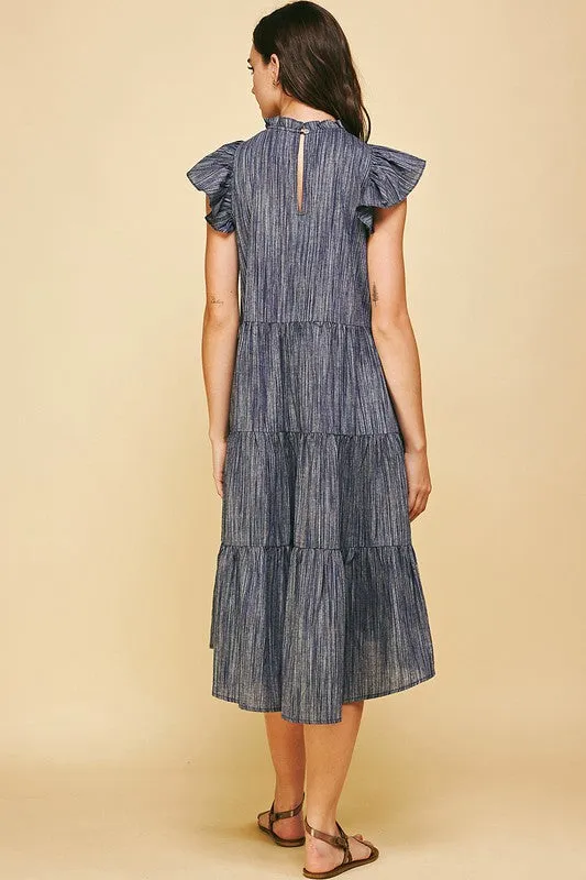 Penelope Tiered Denim Stripe Midi Dress