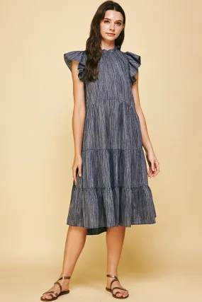 Penelope Tiered Denim Stripe Midi Dress