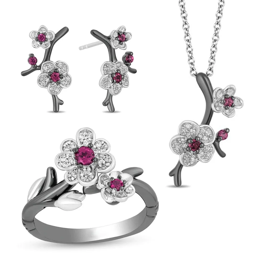 Plum Blossom Flower Crystal Necklace, Earrings & Ring Jewelry Set