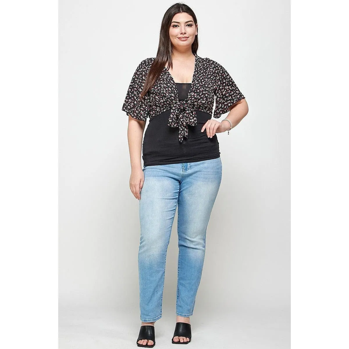 Plus Size Ditsy Floral Print Cropped Bolero Cardigan