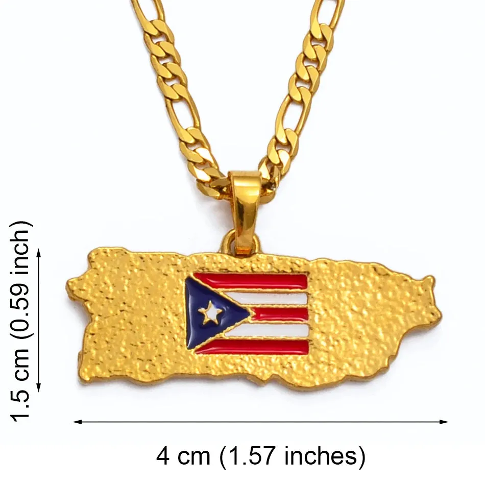 Puerto Rico Flag Pendant Figaro Chain Necklace Gold Tone