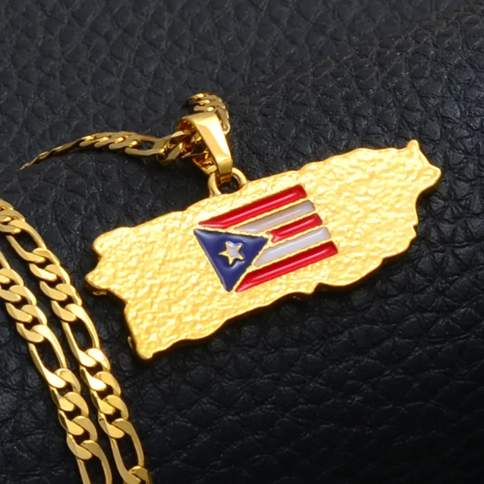 Puerto Rico Flag Pendant Figaro Chain Necklace Gold Tone