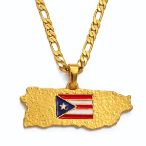 Puerto Rico Flag Pendant Figaro Chain Necklace Gold Tone