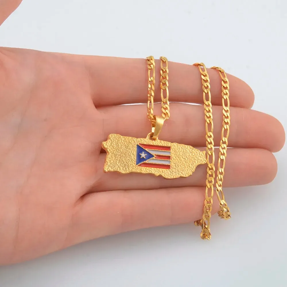 Puerto Rico Flag Pendant Figaro Chain Necklace Gold Tone