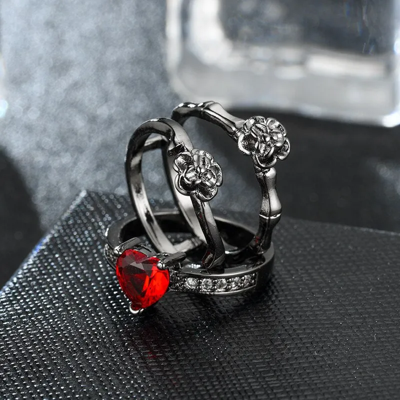 Red Crystal and Black Rose Flower Wedding Ring