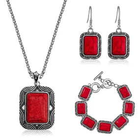 Retro Red Stone Necklace, Bracelet & Earrings Vintage Wedding Jewelry Set