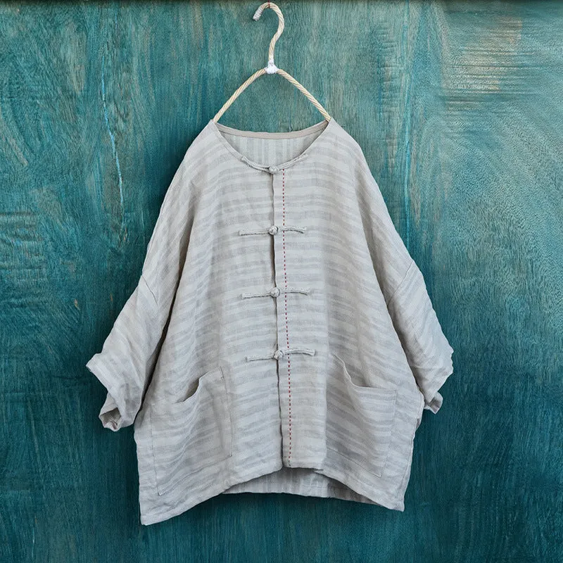 Retro Summer Handmade Stripe Thin Linen Loose Blouse