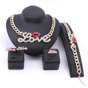 Rhinestone Love and Red Lips Necklace, Bracelet, Earrings & Ring Wedding Statement Jewelry Set