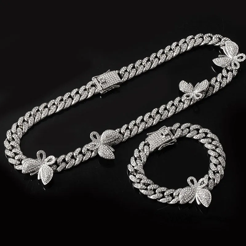 Rhinestone-Studded Cuban Chain with Butterflies Hip-hop Charm Necklace