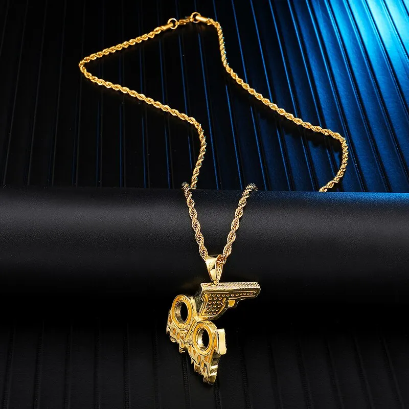 Rhinestone-Studded Gold-Plated "100" Gun Bling Rope Chain Hip-hop Pendant Necklace