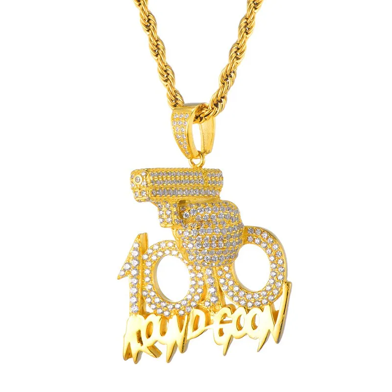 Rhinestone-Studded Gold-Plated "100" Gun Bling Rope Chain Hip-hop Pendant Necklace