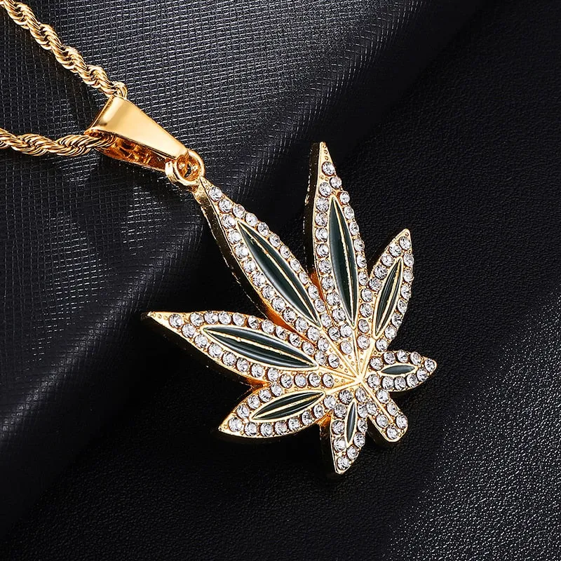 Rhinestone-Studded Leaf Bling Rope Chain Hip-hop Pendant Necklace