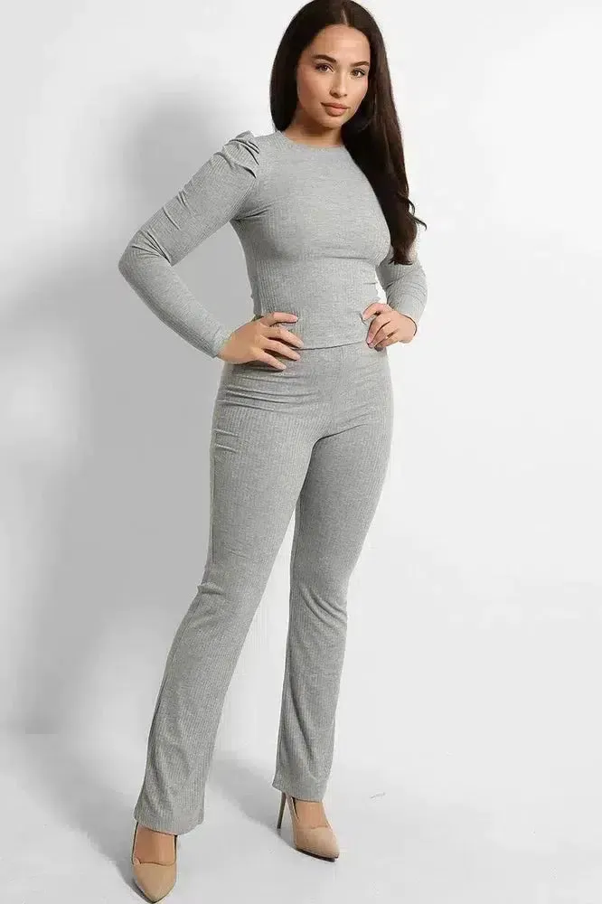 Ribbed Jersey Puff Sleeves Top And Trousers Set