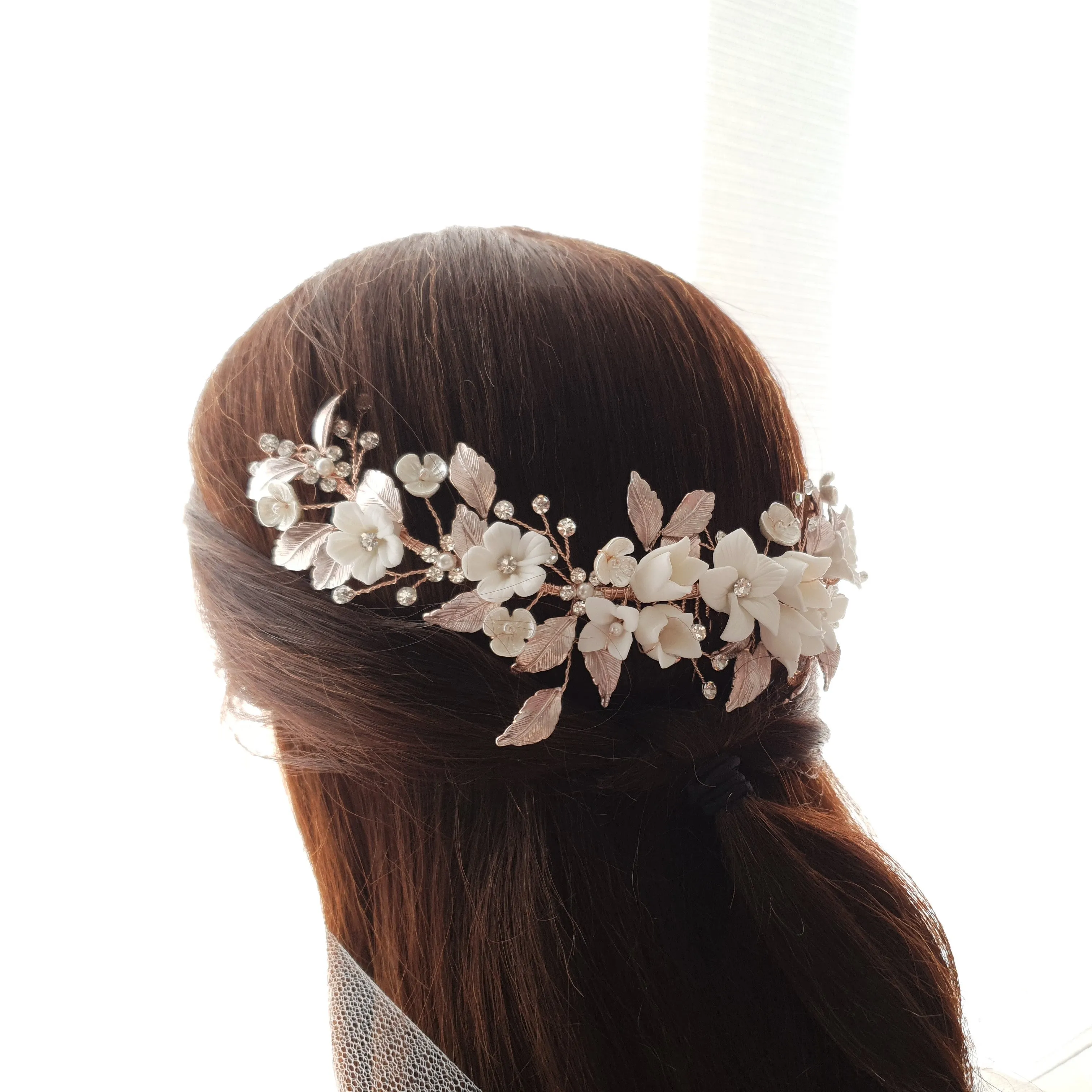 Rose Gold Hair Comb with White Flowers-Daffodil