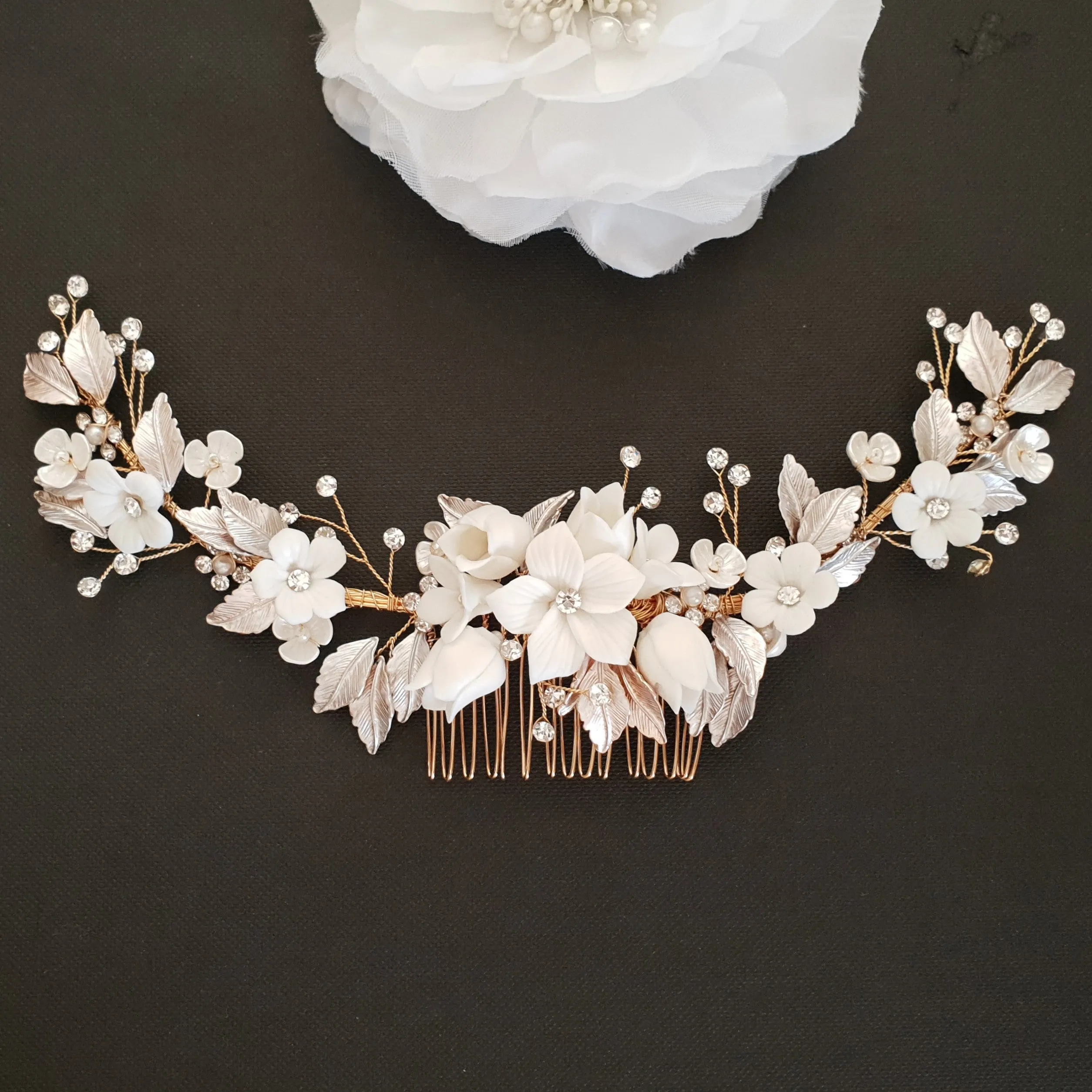 Rose Gold Hair Comb with White Flowers-Daffodil