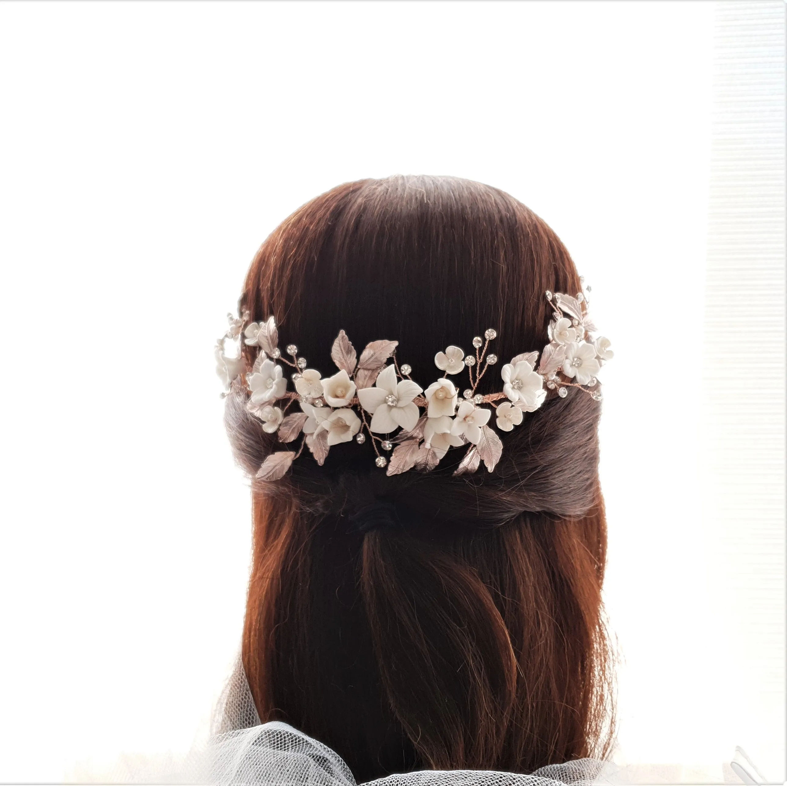 Rose Gold Hair Comb with White Flowers-Daffodil