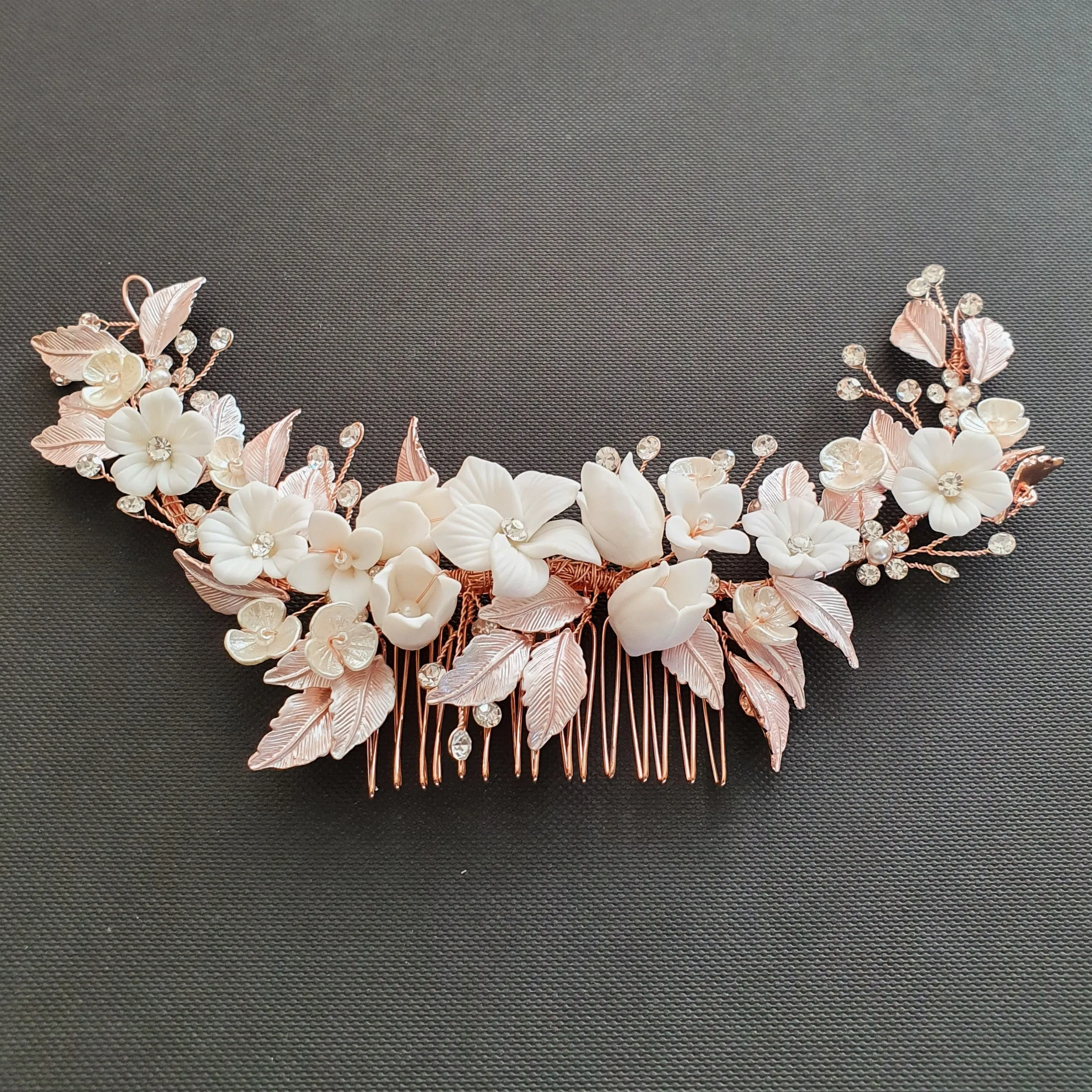 Rose Gold Hair Comb with White Flowers-Daffodil