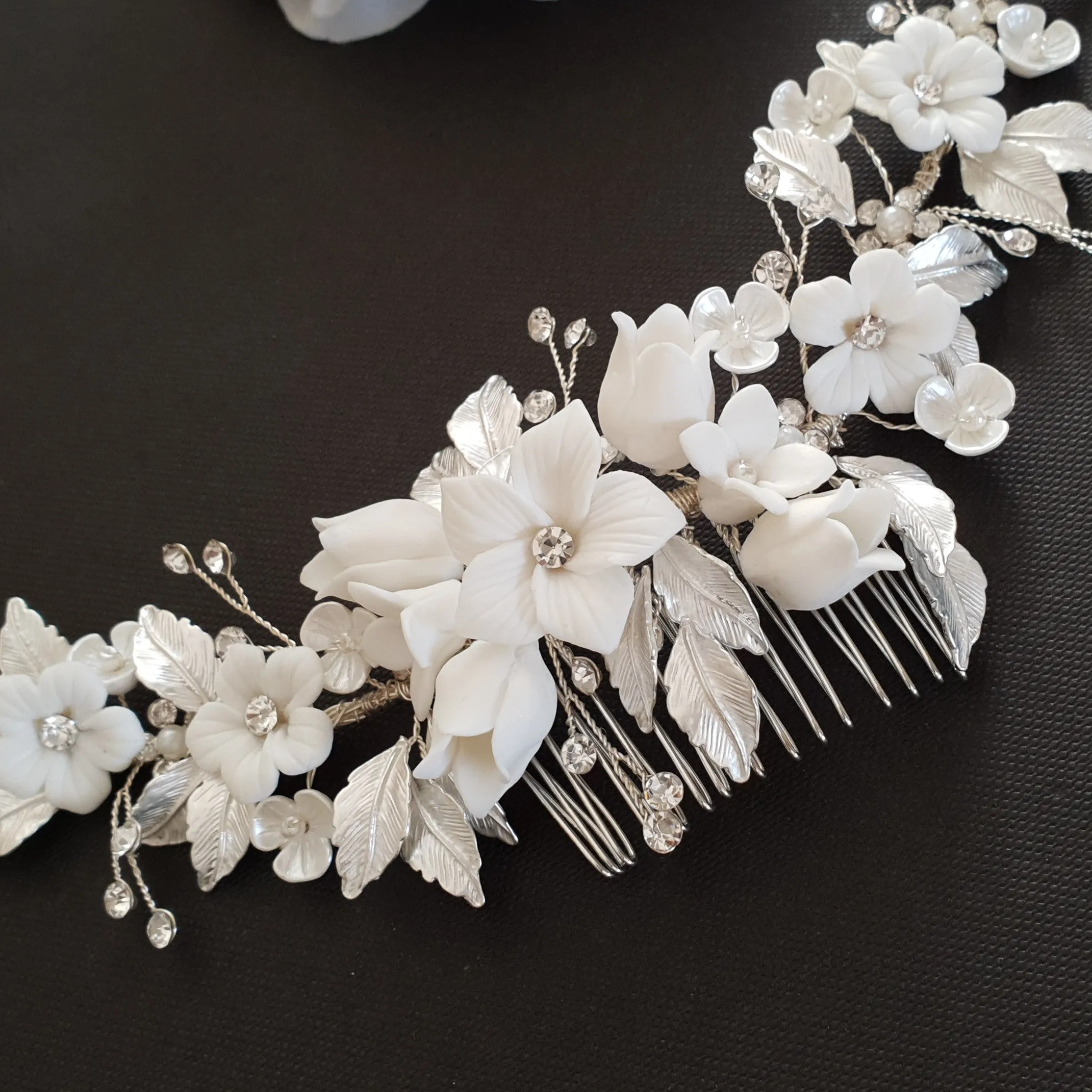 Rose Gold Hair Comb with White Flowers-Daffodil