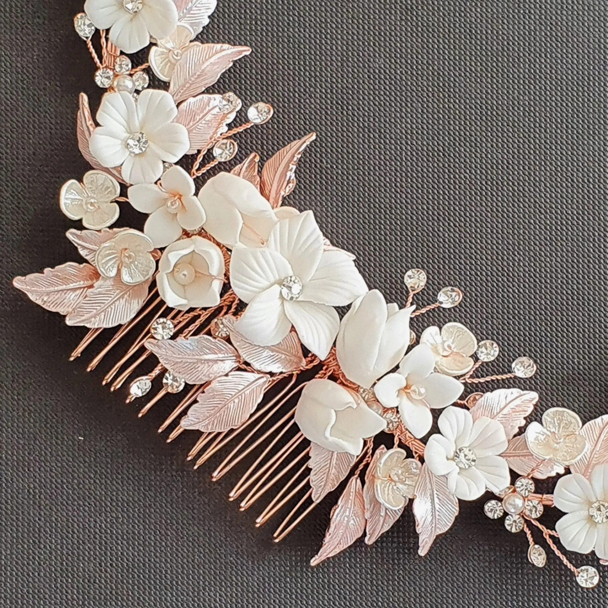 Rose Gold Hair Comb with White Flowers-Daffodil