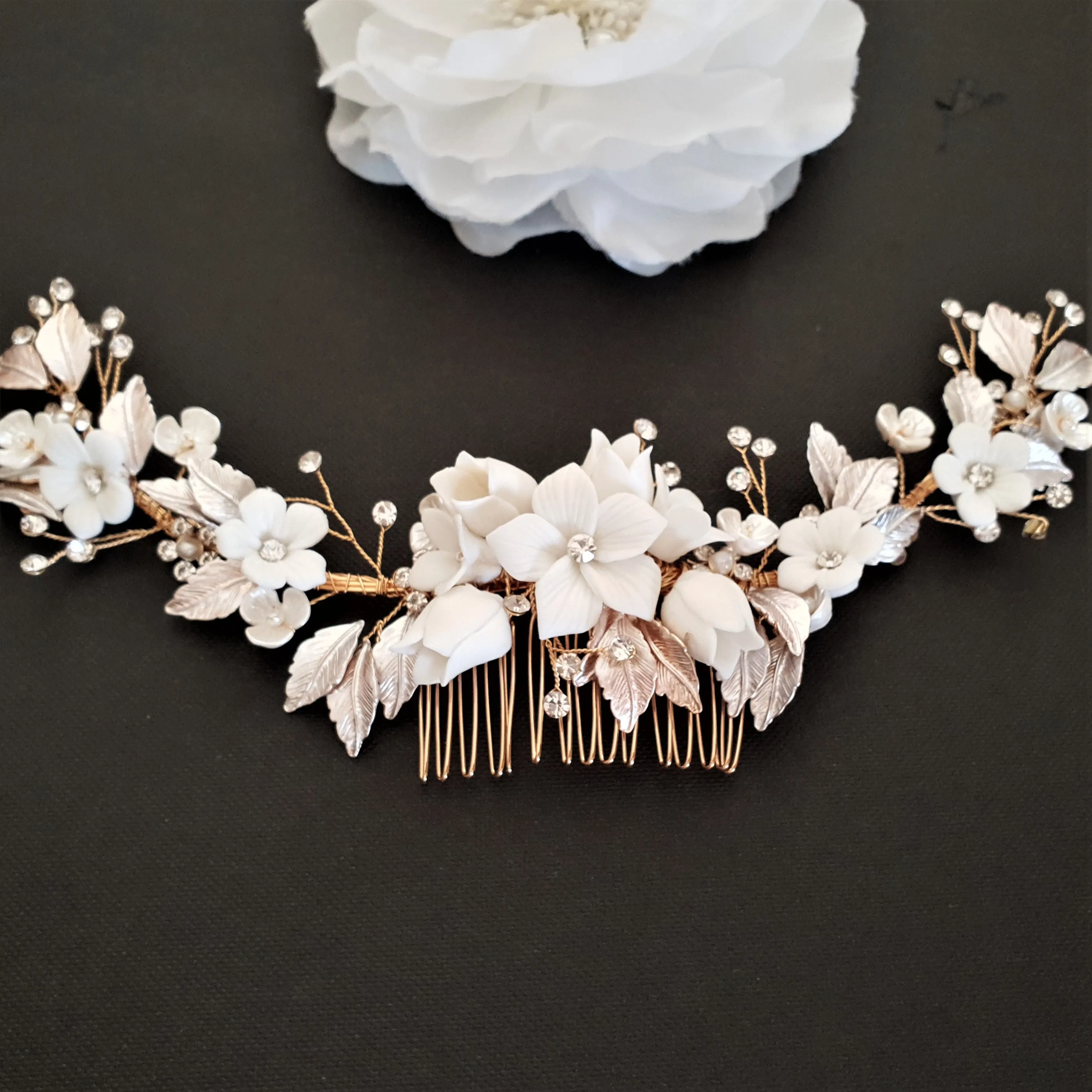 Rose Gold Hair Comb with White Flowers-Daffodil