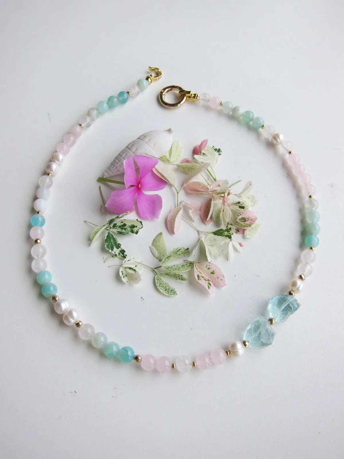 Rose Quartz, Freshwater Pearl, Blue Quartz Beaded Necklace