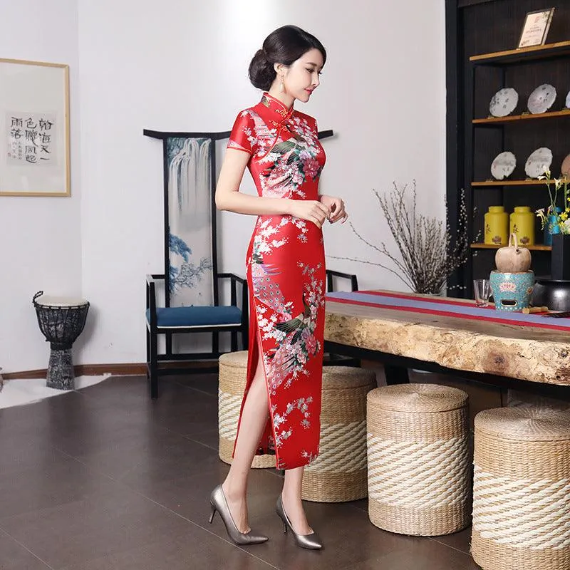 Satin Daily Casual Dress New Long Qipao Print Flower Chinese Cheongsam