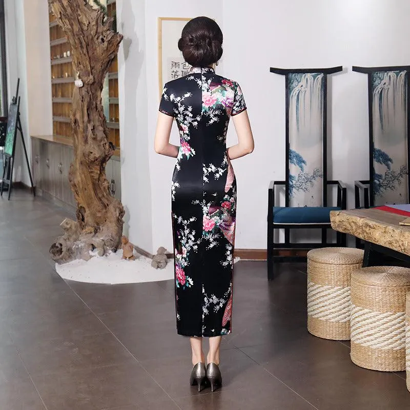 Satin Daily Casual Dress New Long Qipao Print Flower Chinese Cheongsam