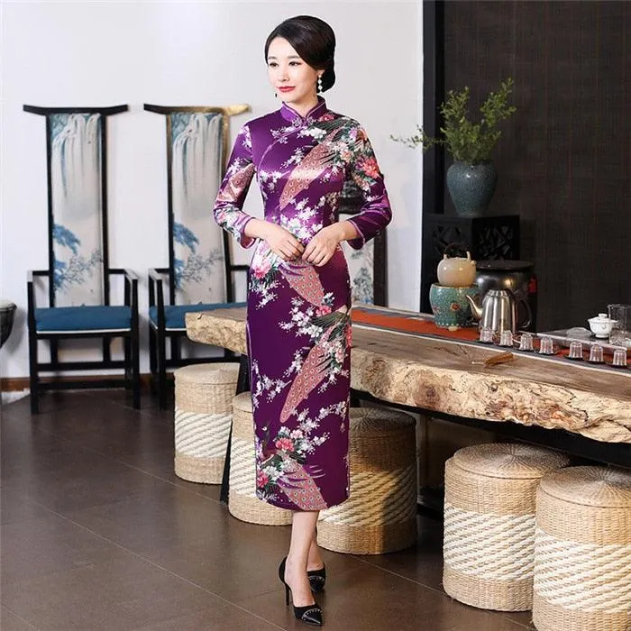 Satin Daily Casual Dress New Long Qipao Print Flower Chinese Cheongsam