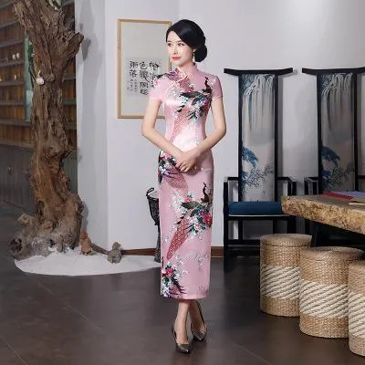 Satin Daily Casual Dress New Long Qipao Print Flower Chinese Cheongsam