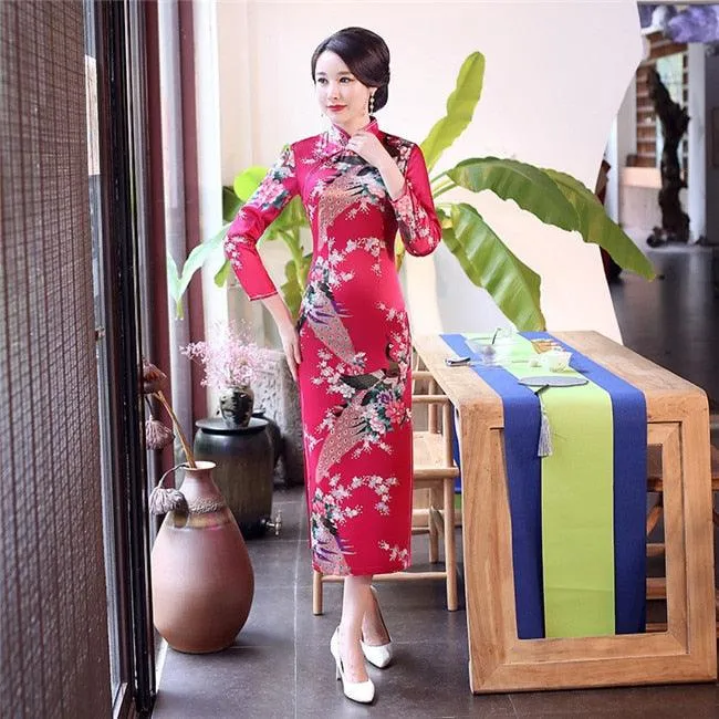 Satin Daily Casual Dress New Long Qipao Print Flower Chinese Cheongsam