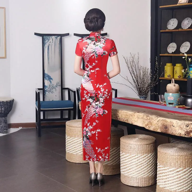 Satin Daily Casual Dress New Long Qipao Print Flower Chinese Cheongsam