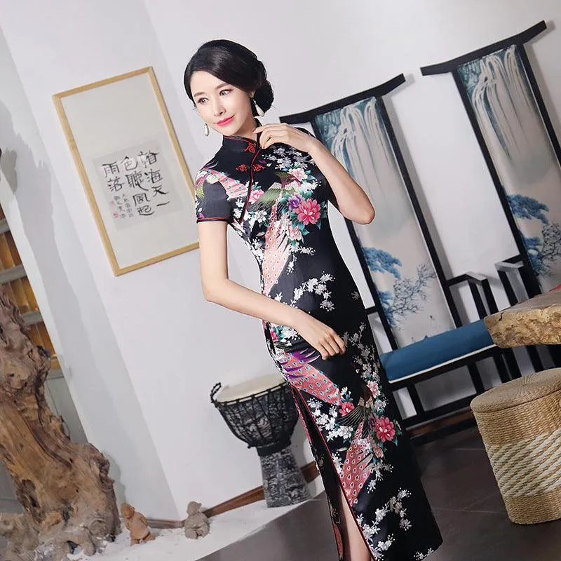 Satin Daily Casual Dress New Long Qipao Print Flower Chinese Cheongsam