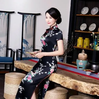 Satin Daily Casual Dress New Long Qipao Print Flower Chinese Cheongsam