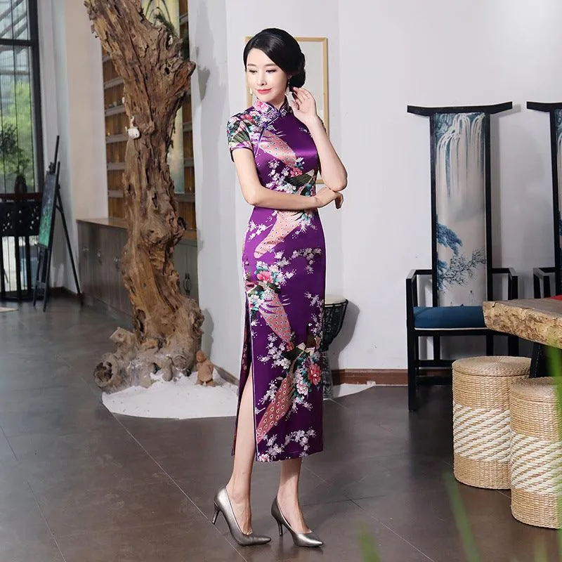 Satin Daily Casual Dress New Long Qipao Print Flower Chinese Cheongsam