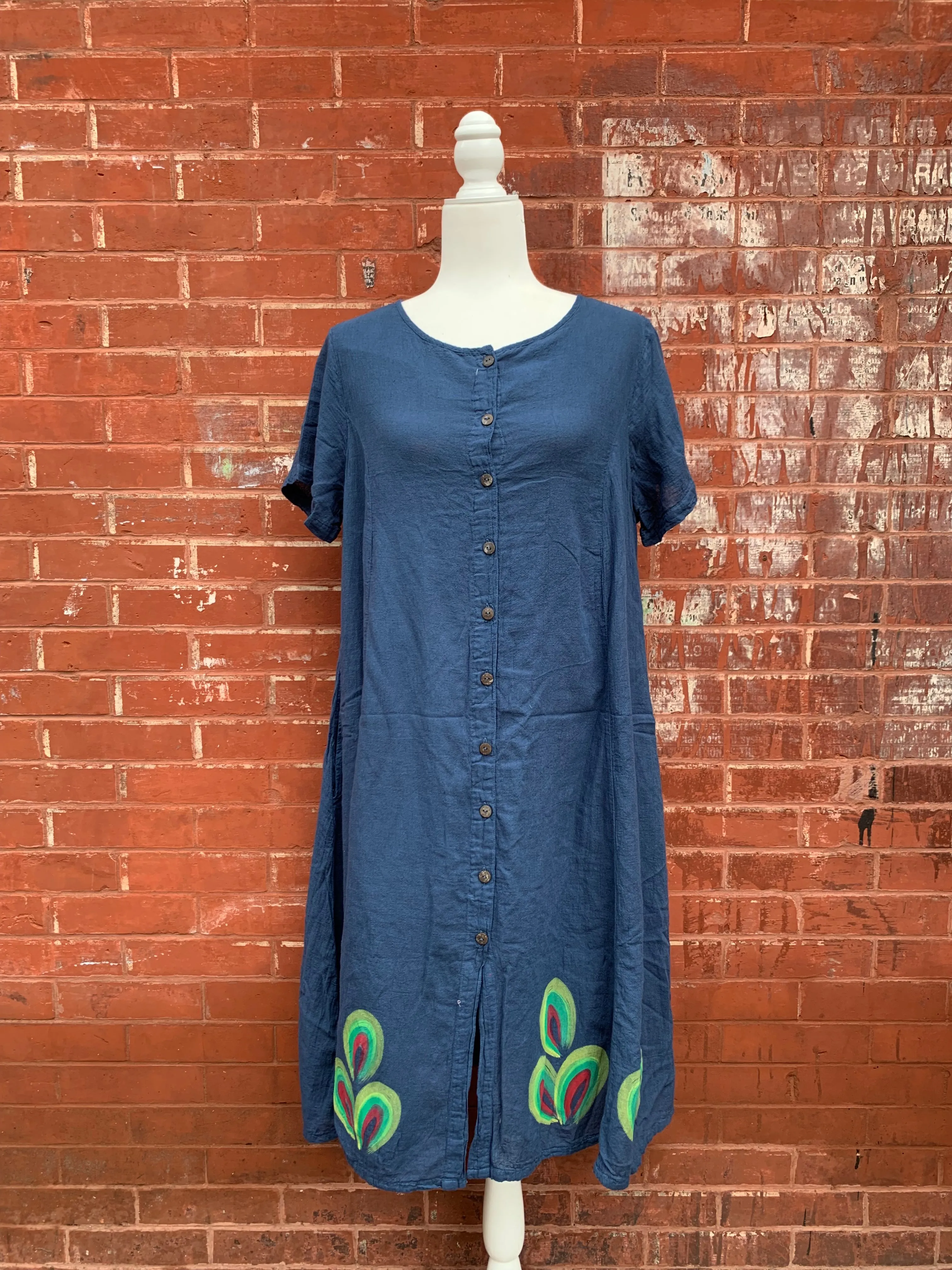 Short Sleeve Button Down Midi Dress with Hand Painted Flower Cotton Dress