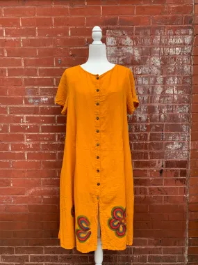 Short Sleeve Button Down Midi Dress with Hand Painted Flower Cotton Dress