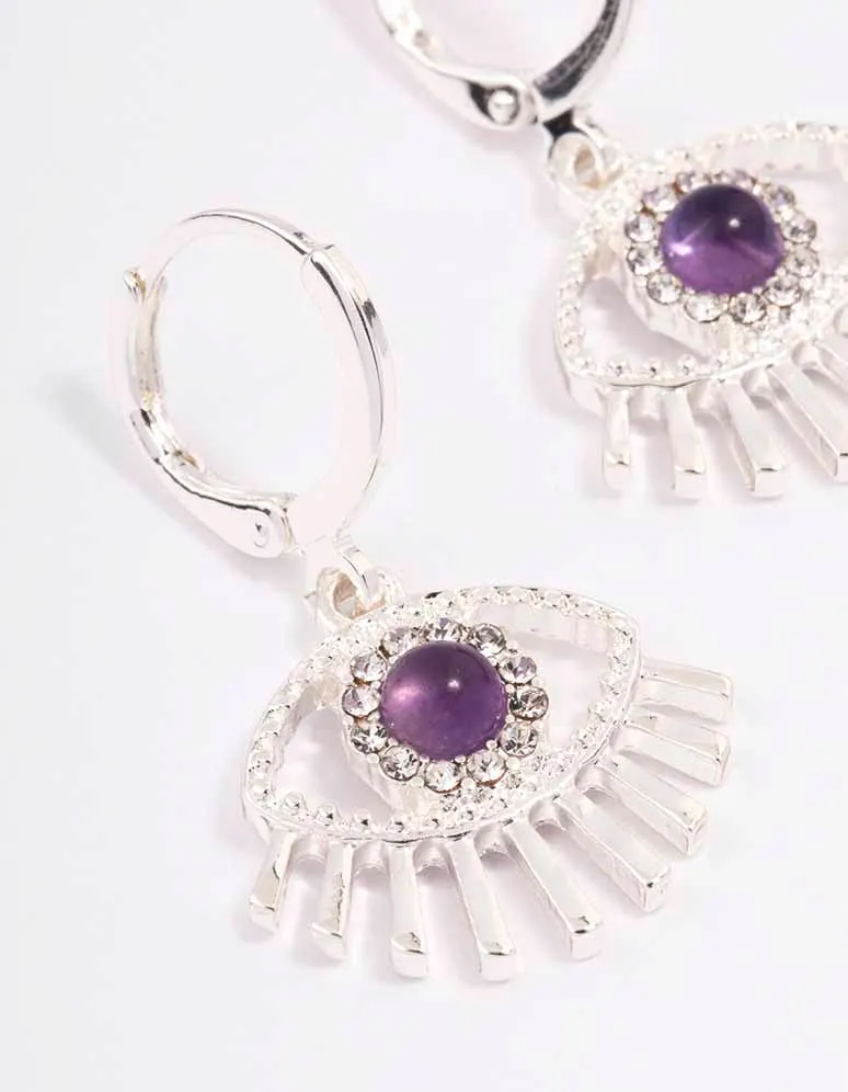 Silver Amethyst Diamante Evil Eye Huggie Earrings