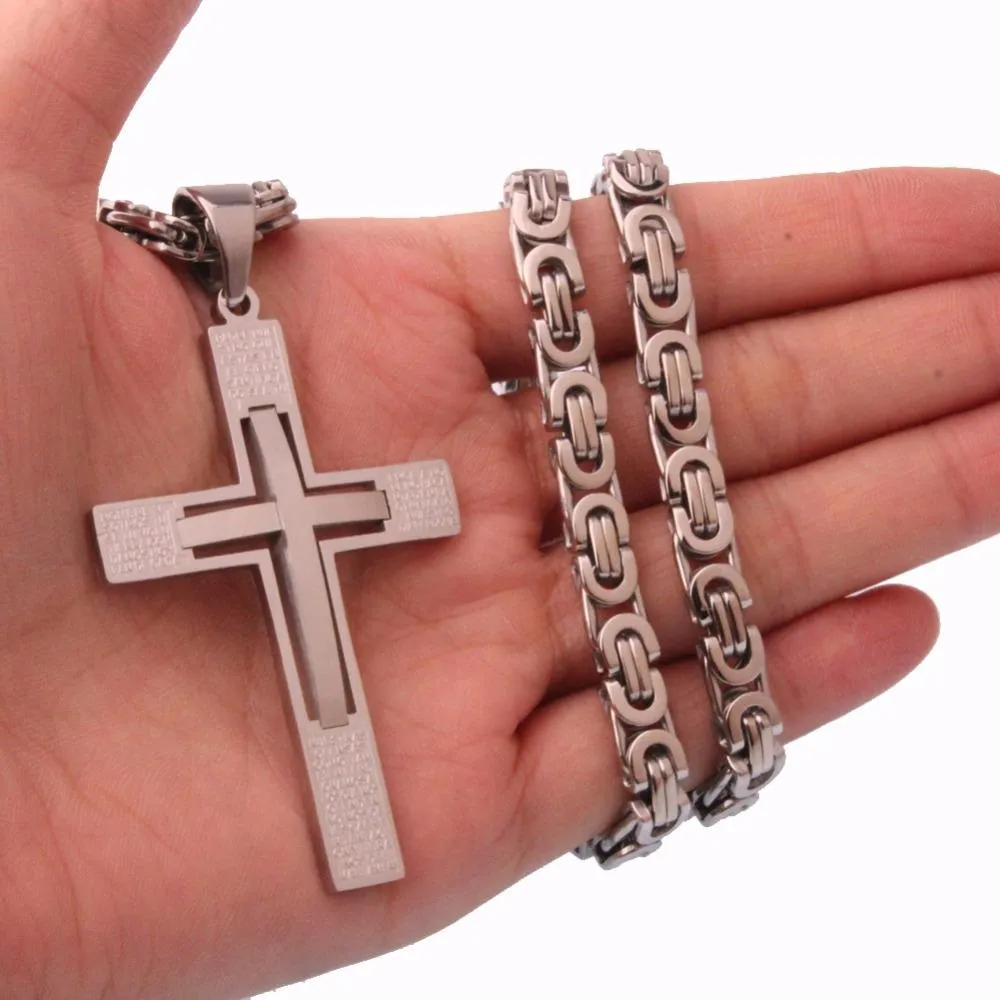 Silver Cross Pendant with Curved Beam Inlay and Lord's Prayer Engraving Necklace