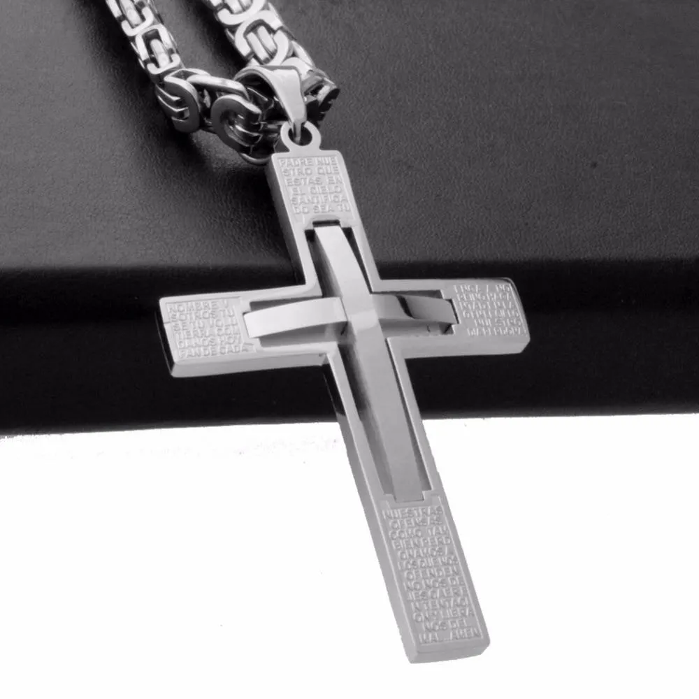 Silver Cross Pendant with Curved Beam Inlay and Lord's Prayer Engraving Necklace