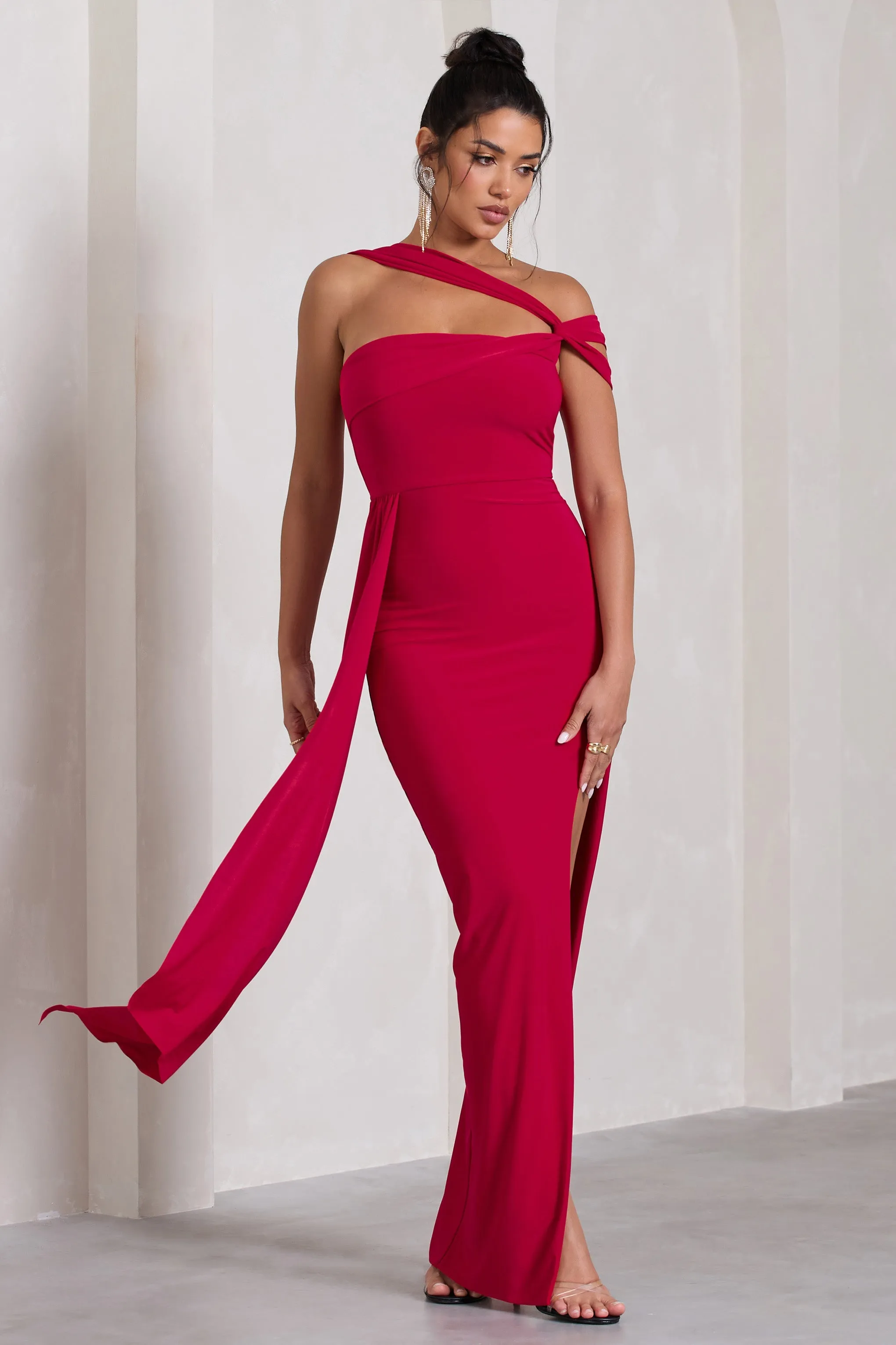 To The Max | Red Strappy Asymmetric Split Maxi Dress With Drape