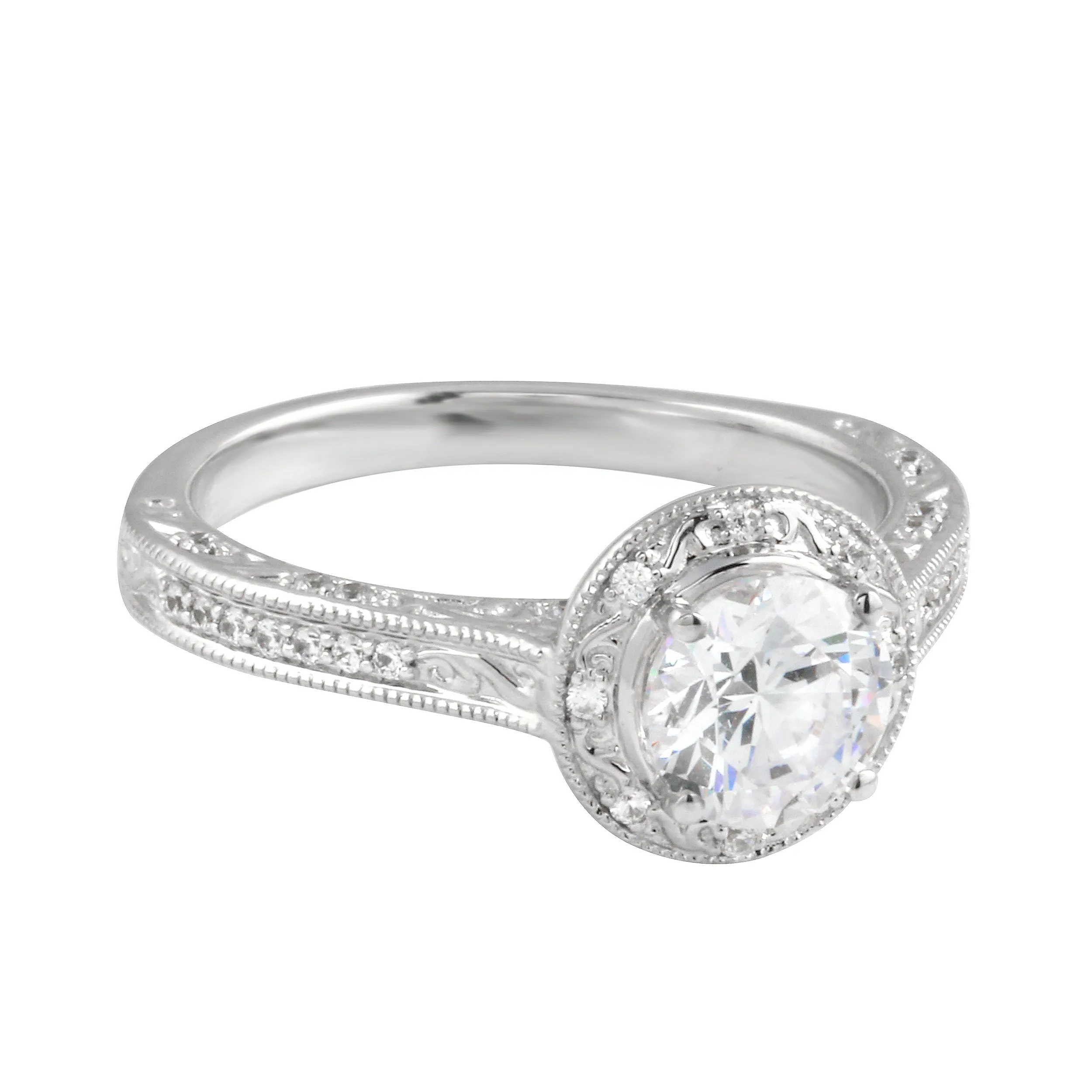 Vintage-Inspired Round Brilliant Cut Diamond Etched Halo Engagement Ring