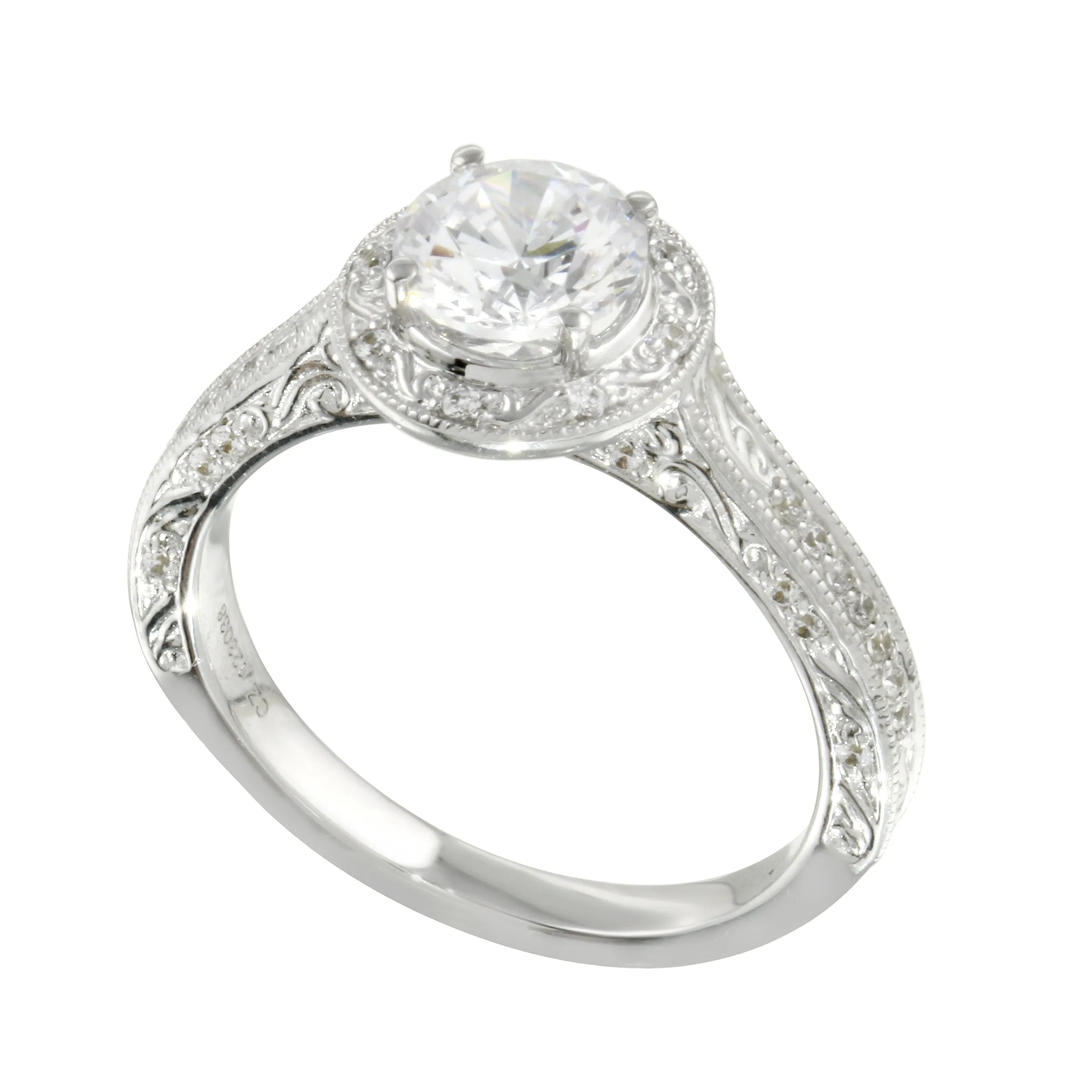 Vintage-Inspired Round Brilliant Cut Diamond Etched Halo Engagement Ring