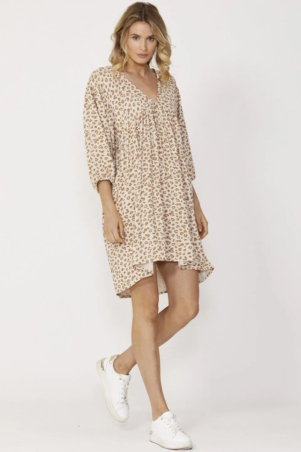 Willa Linen Blend Smock Tan Animal LS Mini Dress