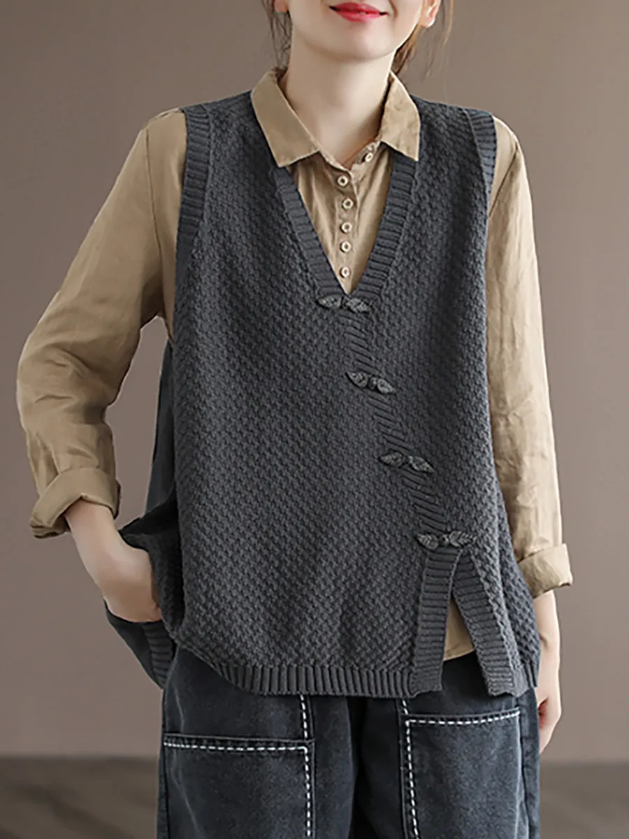 Women Button Knitted Split Sleeveless Vest Waistcoat Sweater