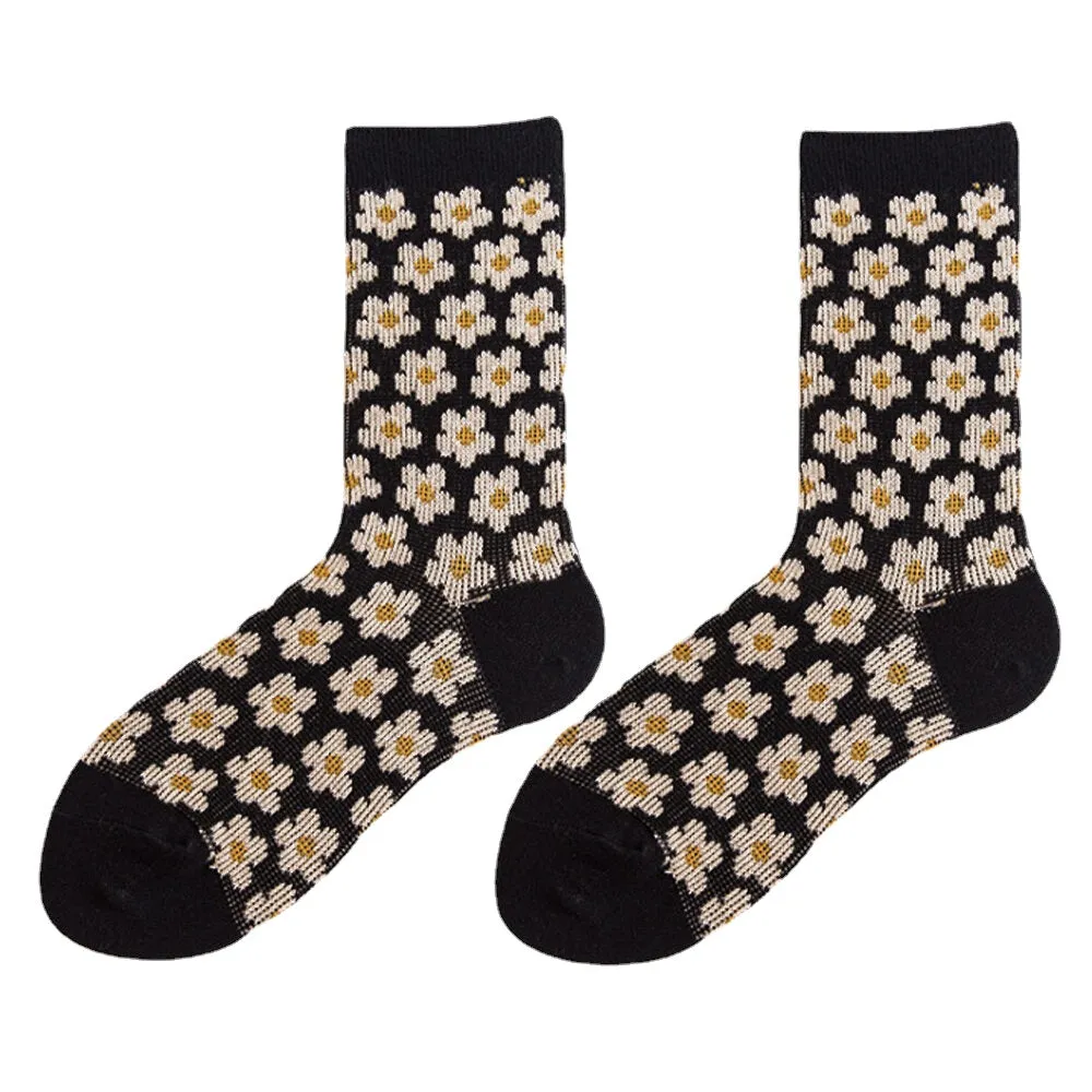 Women Cotton British Style Retro Floral Pattern Warm Casual Tube Socks