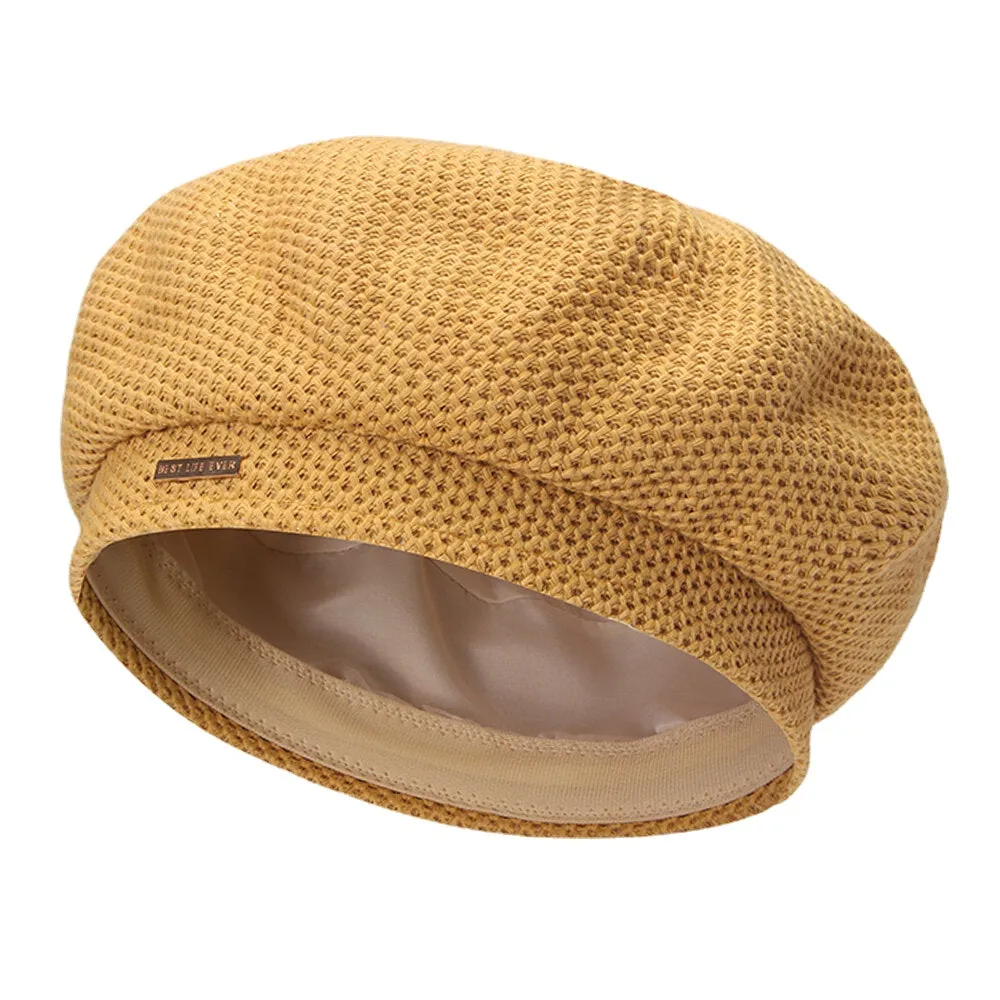 Women Cotton Mesh Breathable Metal Label Knitted Hat Fashion Wild Adjustable Beret Cap Painter Hat