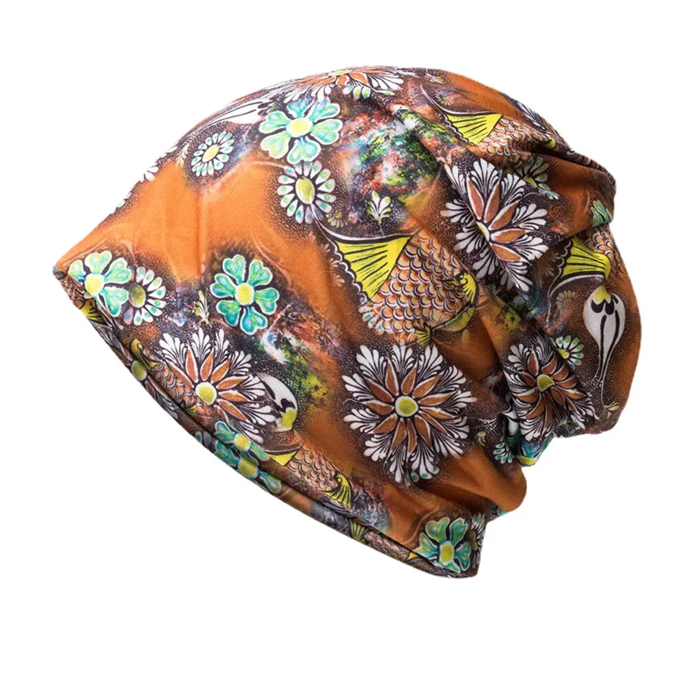 Women Dual-use Breathable Baotou Hat Cotton Overlay Colored Floral Printed Casual Elastic Scarf Beanie Hat