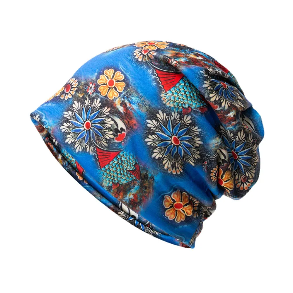 Women Dual-use Breathable Baotou Hat Cotton Overlay Colored Floral Printed Casual Elastic Scarf Beanie Hat